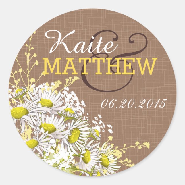 Etiqueta de Casamento de Daisies e Burlap (Frente)