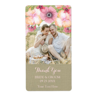 Etiqueta de Casamento de Foto Floral Rosa Burlap