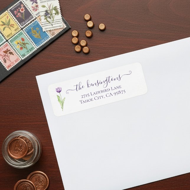 Etiqueta de Casamento de Tulipas de Solteiro Roxo  (Minimalist Deep Purple Single Tulip Return Address Labels)