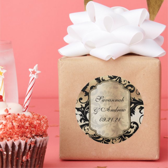 Etiqueta de Casamento tema damasco preta e Dourada (Festa)