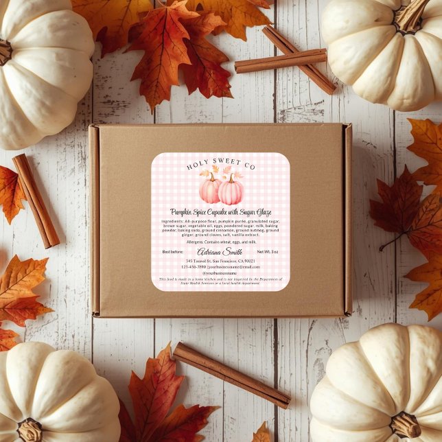 Etiqueta de Comida de algodão da padaria Gingham,  (Pink Pumpkin and gingham Bakery Cottage law food label)