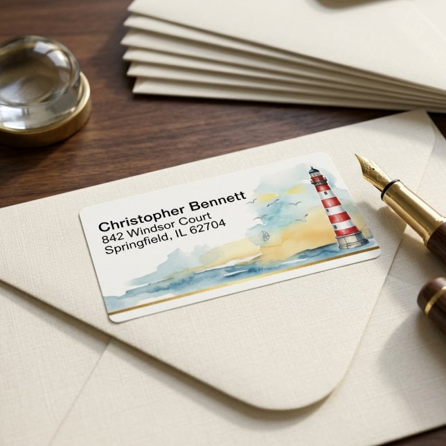 Etiqueta de Devolução do Farol de Aquarela à Beira (Smooth sailing for every package sent.)
