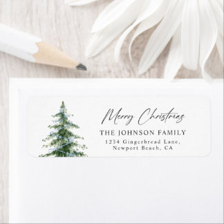 Etiqueta de Endereço Árvore de Natal Azul Aquarela
