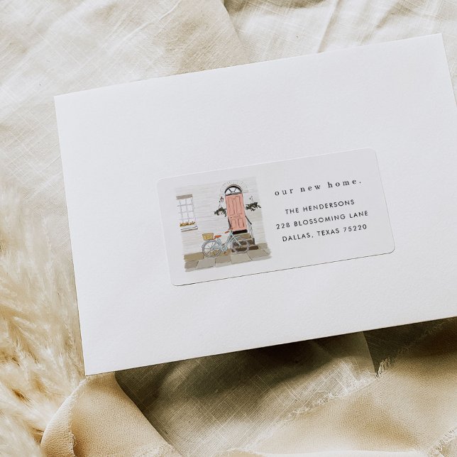 Etiqueta de Endereço de Anunciamento de Movimentaç (Pink door illustration new home moving announcement return address labels.)