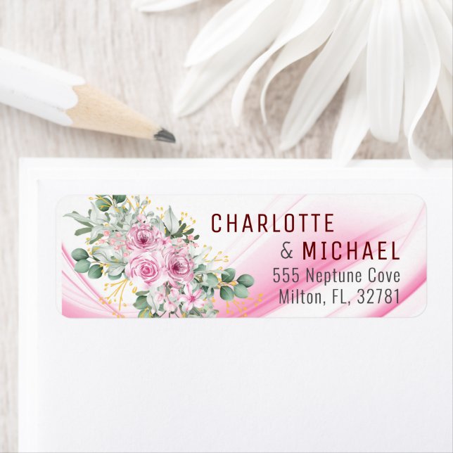 Etiqueta de Endereço de Casamento com Onda Rosa e  (Insitu)
