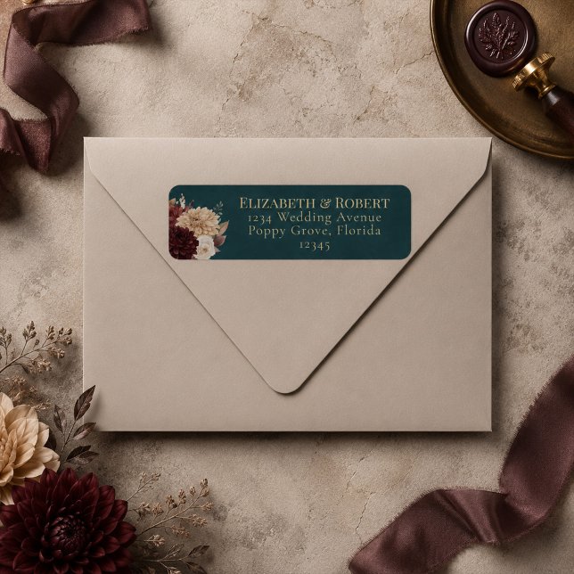 Etiqueta de Endereço de Casamento Floral Gótico Te (Dark Teal Floral Gothic Wedding Address Label)