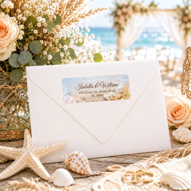 Etiqueta de Endereço de Casamento na Praia com Con (Criador carregado)