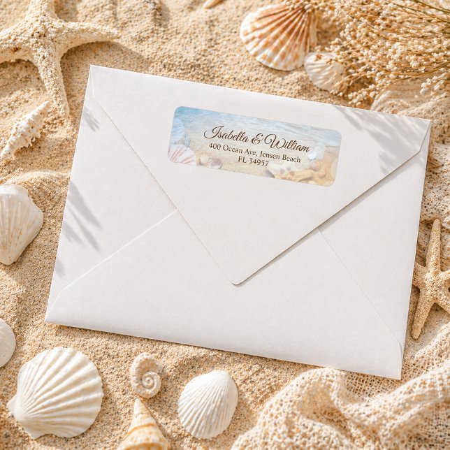 Etiqueta de Endereço de Casamento na Praia com Con (Criador carregado)