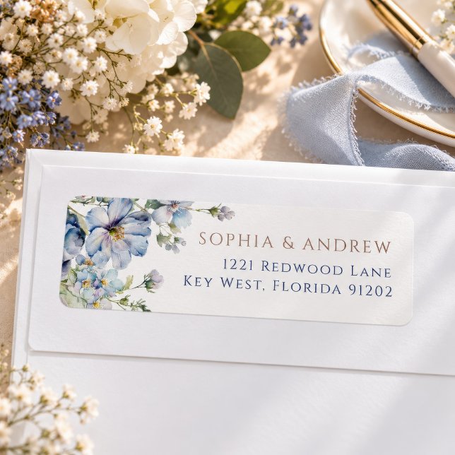 Etiqueta de Endereço de Devolução Blue Hydrangea & (Blue hydrangea floral wedding address label, personalized with names and address)