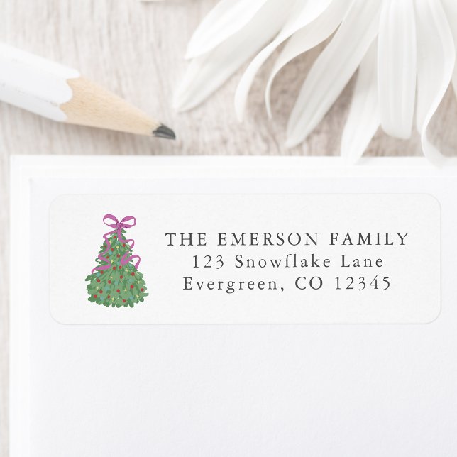 Etiqueta de Endereço de Devolução de Árvore de Nat (Holiday Cute Bow EvergreenChristmas Tree Return Address Label by Painted Paperie
)