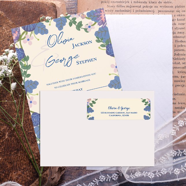 Etiqueta de Endereço de Devolução de Casamento Flo (Blue Purple Floral Wedding Return Address Label)