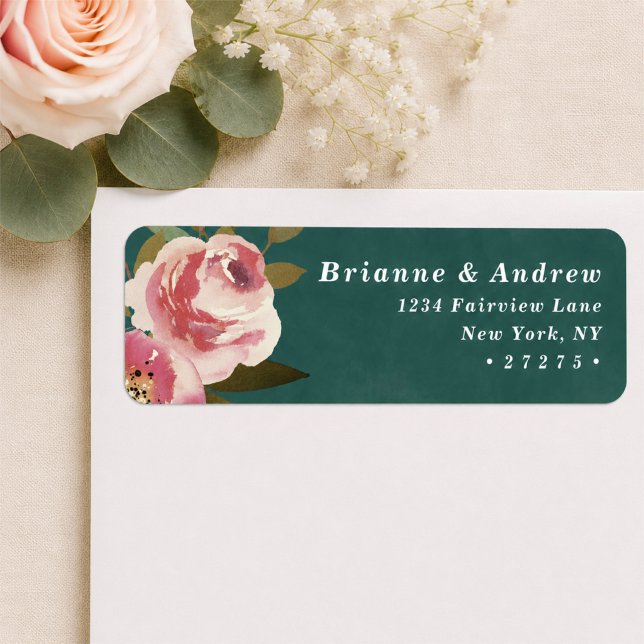Etiqueta de Endereço de Devolução de Casamento Ver (Elegant dark teal and pink floral return address labels)