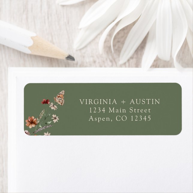 Etiqueta de Endereço de Devolução de Casamento Ver (Boho Sage Green Wedding Return Address Label with Butterfly by Painted Paperie
)