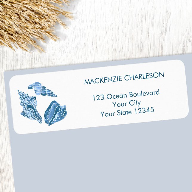 Etiqueta de Endereço de Devolução de Conchas Marin (Sea shells blue and white watercolor beach coastal return address label)