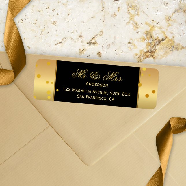 Etiqueta de Endereço de Devolução de Confetti Pret (A chic faux gold wedding return address label with glitter confetti on a black background)