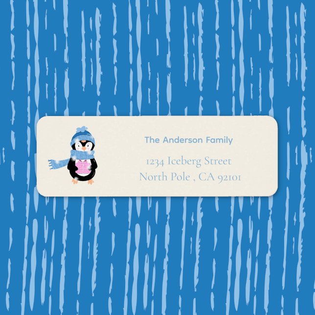 Etiqueta de Endereço de Devolução de Férias Pingui (Cute cartoon penguin with gift Holiday return address label)