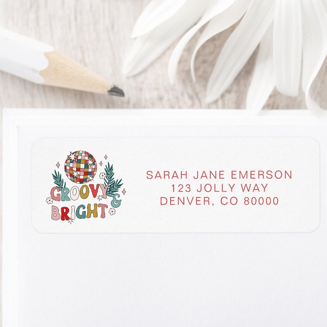 Etiqueta de Endereço de Devolução de Férias Retro (Colorful Retro Groovy Bright Personalized Holiday Return Address Label by Painted Paperie
)