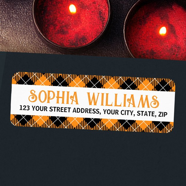 Etiqueta de endereço de devolução de Halloween em  (Black orange plaid Halloween return address Label)