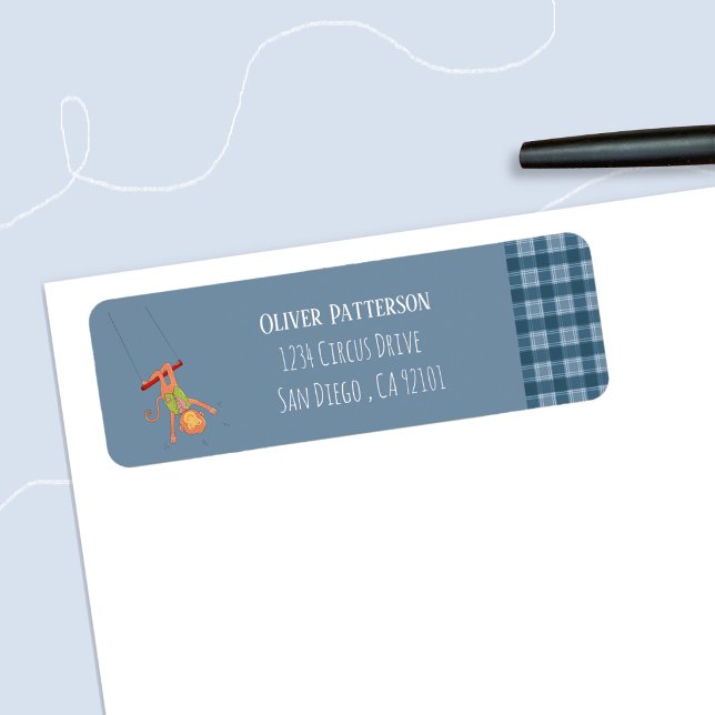 Etiqueta de Endereço de Devolução do Macaco de Cir (Circus monkey blue return address label . )