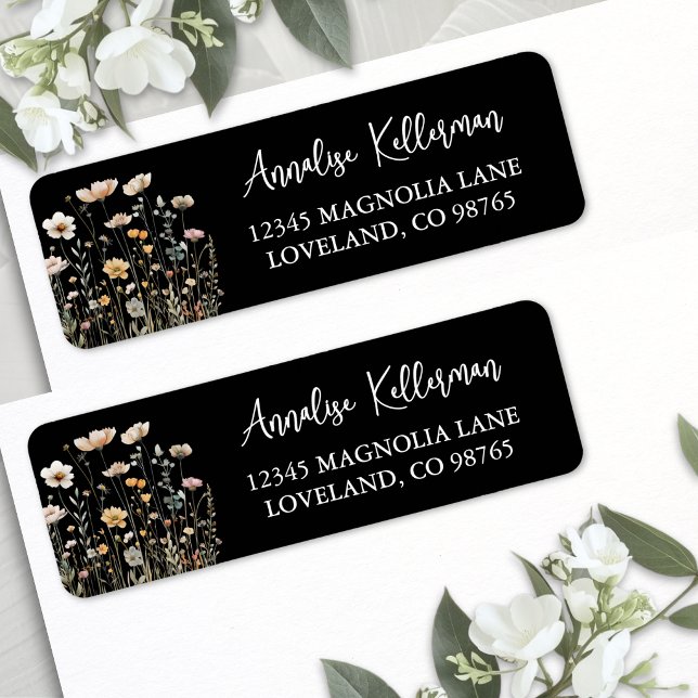 Etiqueta de Endereço de Devolução Floral Black Wil (Black Wildflower Floral Return Address Label )