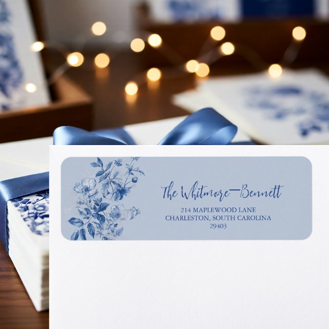 Etiqueta de Endereço de Devolução Floral Toile Azu (Dusty Blue Toile Floral Wedding Return Address Label)