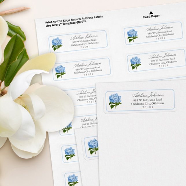 Etiqueta de Endereço de Devolução Personalizada Fl (classic blue and white periwinkle hydrangea flower return address label sheets)