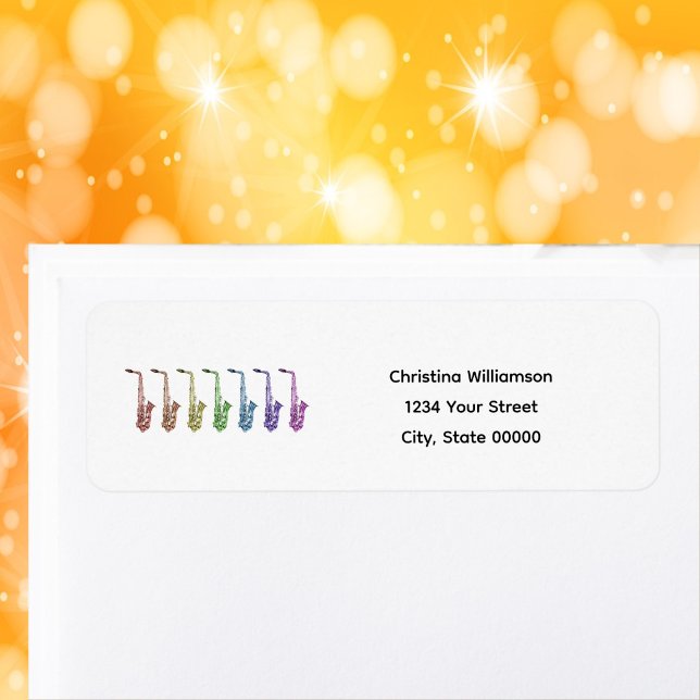 Etiqueta de Endereço de Devolução Personalizável C (A return address label with rainbow saxohones & text you can personalize.)