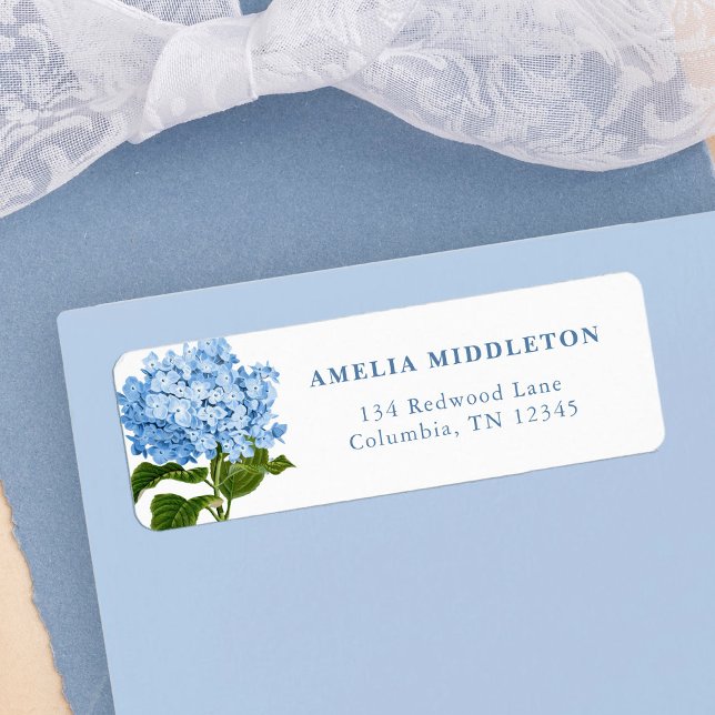 Etiqueta de Endereço de Retorno de Casamento Cláss (blue hydrangea classic wedding return address labels)