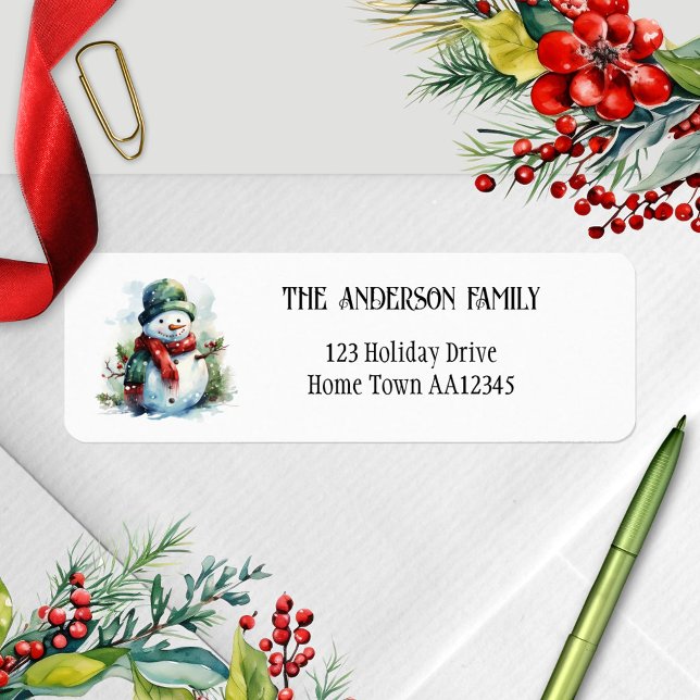 Etiqueta de Endereço de Retorno de Natal do Waterc (Christmas return address label featuring a minimalist design with a watercolor snowman)