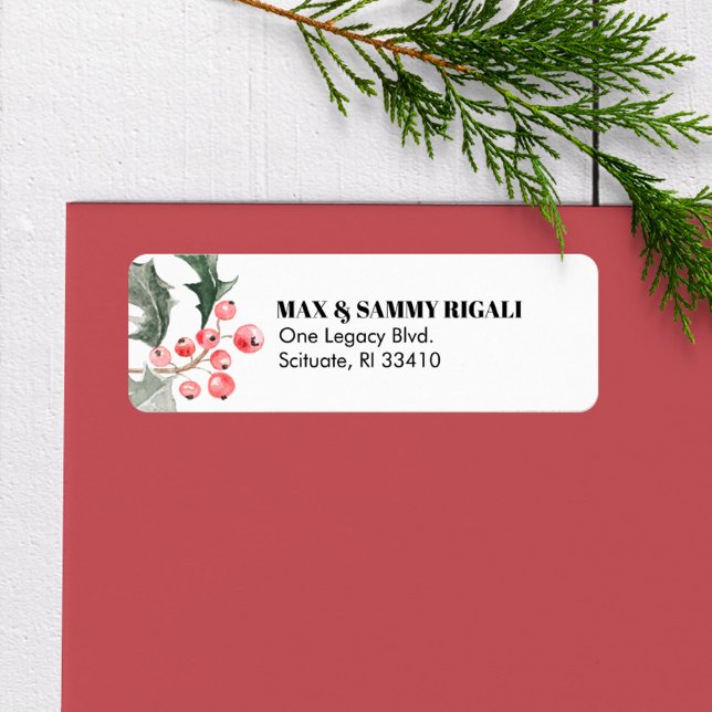 Etiqueta de Endereço de Retorno de Natal Holly & B (Return address labels Christmas watercolor red holly berries)
