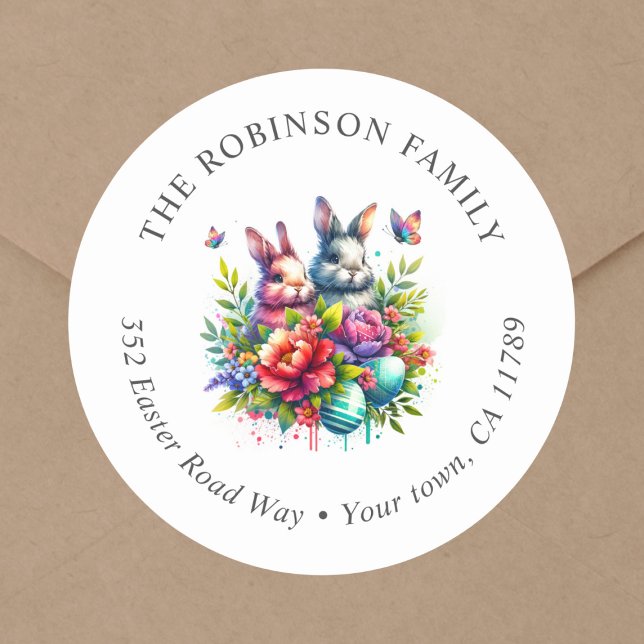 Etiqueta de Endereço de Retorno Floral de Páscoa B (Cute easter bunny, easter eggs, floral, easter return address label sticker.)