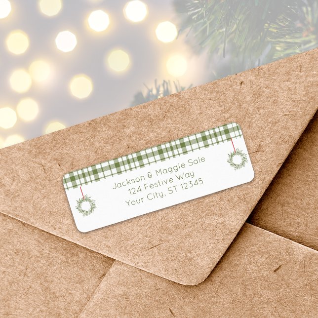 Etiqueta de Endereço de Xadrez de Natal Russo (Rustic Plaid Christmas Wreath Return Address Label
)