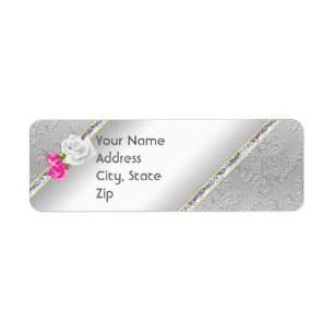Etiqueta de endereço Elegante Silver Damask e Ros