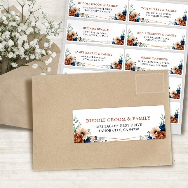 Etiqueta de Endereço Geométrico do Marinho Terraco (Terracotta Navy Blue Geometric Guest Address Label)