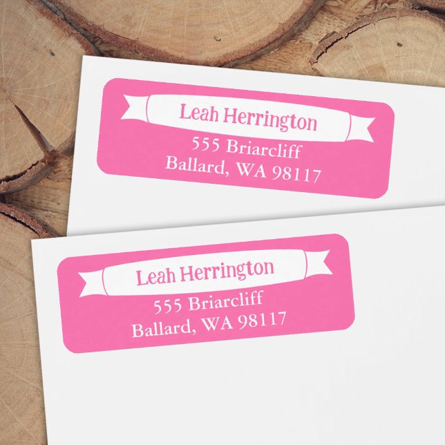 Etiqueta de Endereço Rosa com Faixa Decorativa (Pink return address labels for envelopes, decorative banner ribbon)