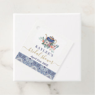 Etiqueta de favor de chá de noiva com azulejos azu