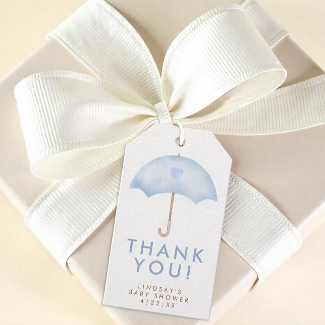 Etiqueta de Favor de Chuveiro de Bebê com Guarda-C (Blue Umbrella Baby Shower Thank You Gift Tag)