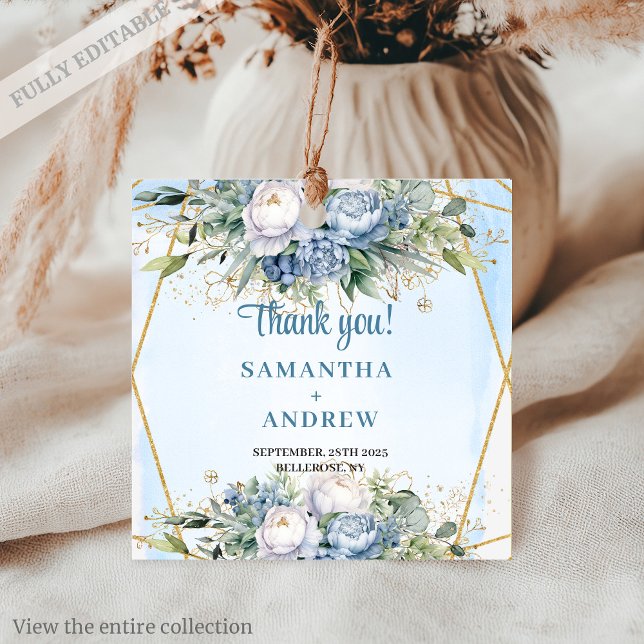 Etiqueta de Favor Dourada Eucalyptus Azul Dusty (Watercolor Dusty Blue Eucalyptus Gold Favor Tag)
