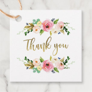 Etiqueta de favor floral dourada e rosa, boho, rús