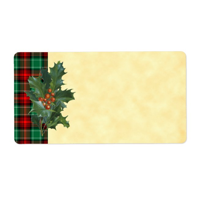 Etiqueta de Feriado da Xadrez Verde Vintage Holly  (Frente)