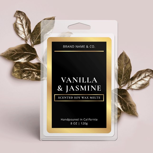 Etiqueta de fusão de cera de empacotamento preto e (Elegant black and gold wax melts rectangle labels with gold foil effects)