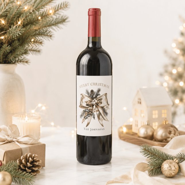 Etiqueta de Garrafa de Vinho com Laço de Natal Ele (Criador carregado)