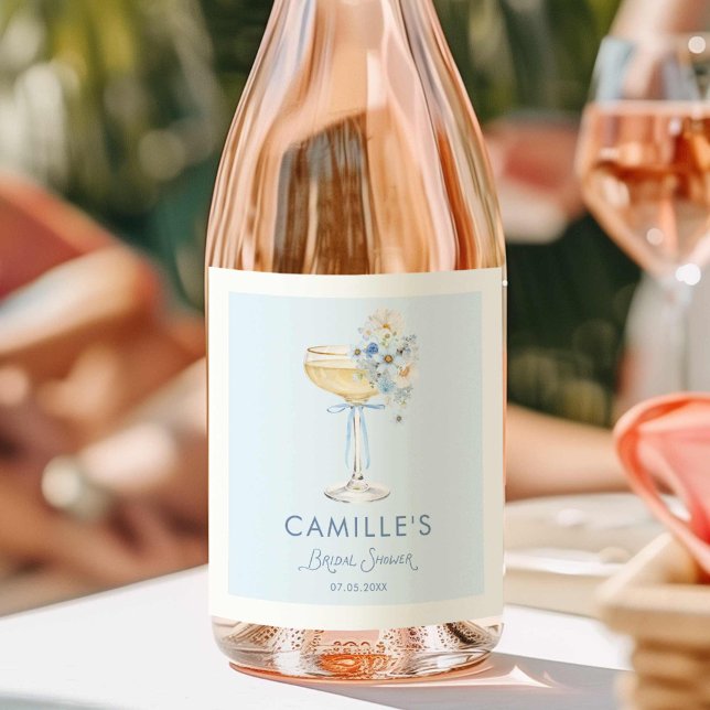 Etiqueta de Garrafa de Vinho com Laço Floral Azul  (Blue Bubbly Bridal Brunch Wine Label )