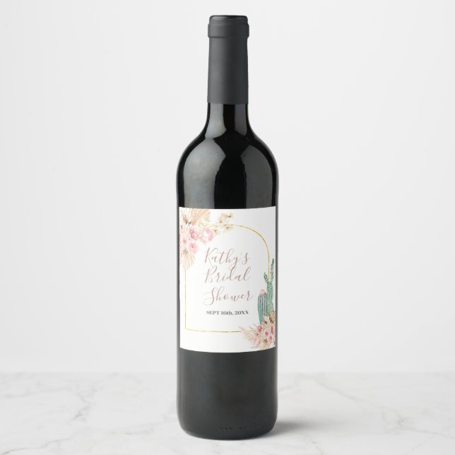 Etiqueta de Garrafa de Vinho Floral Rosa Boho Cact (Frente)