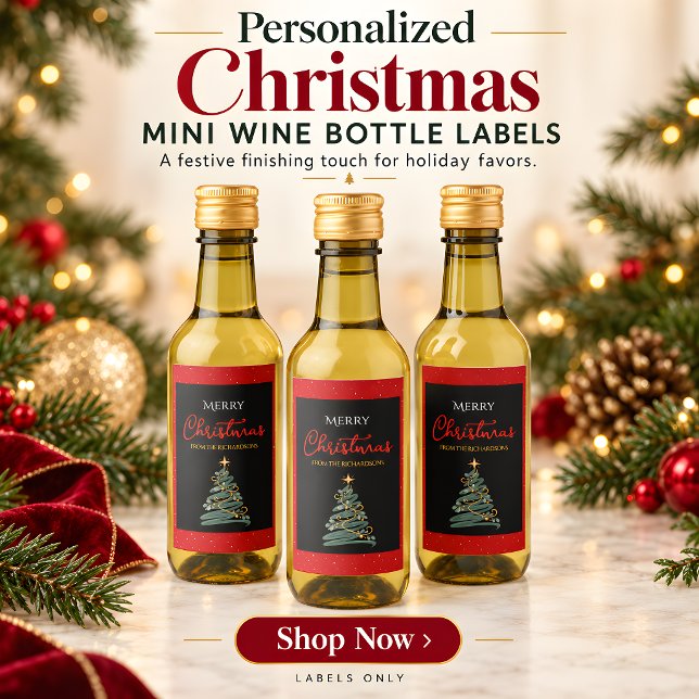 Etiqueta de Garrafa de Vinho Mini Árvore de Natal (Personalized Mini Wine Bottle Labels for Christmas Party Favors)
