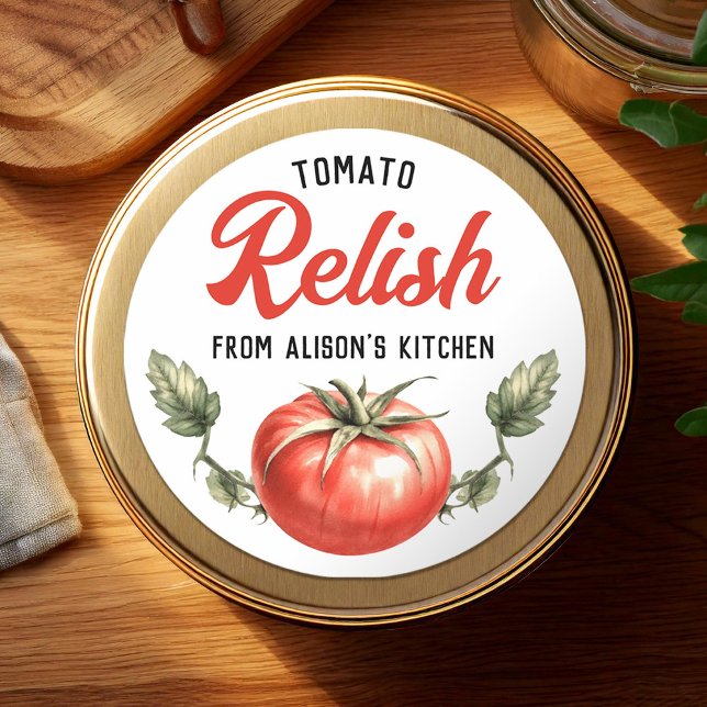 Etiqueta de latas de tomate de relish personalizad (Criador carregado)