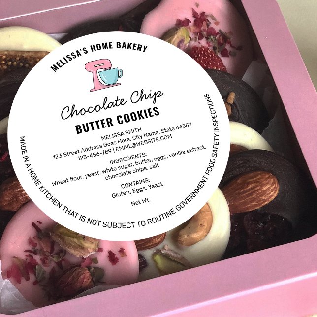 Etiqueta de Licença de Comida de Panificação Desen (Trendy home bakery food labels with ingredients, contact details and a cute mixer clip art )