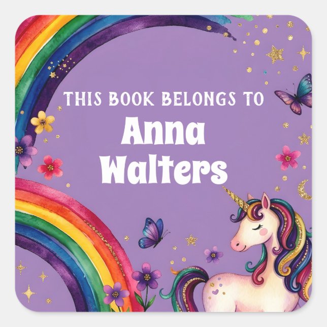 Etiqueta de Livro Arco-íris Unicórnio Personalizad (Frente)