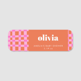 Etiqueta De Nome Abstract Checker Pink Orange Custom Baby Shower