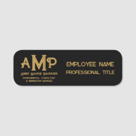 Etiqueta De Nome Black and Gold 3 Letter Monogram Business Employee